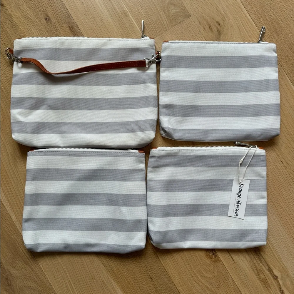 Orange Blossom • Set of 4 Diaper Bag Organizer Pouches • Grey & White Stripes